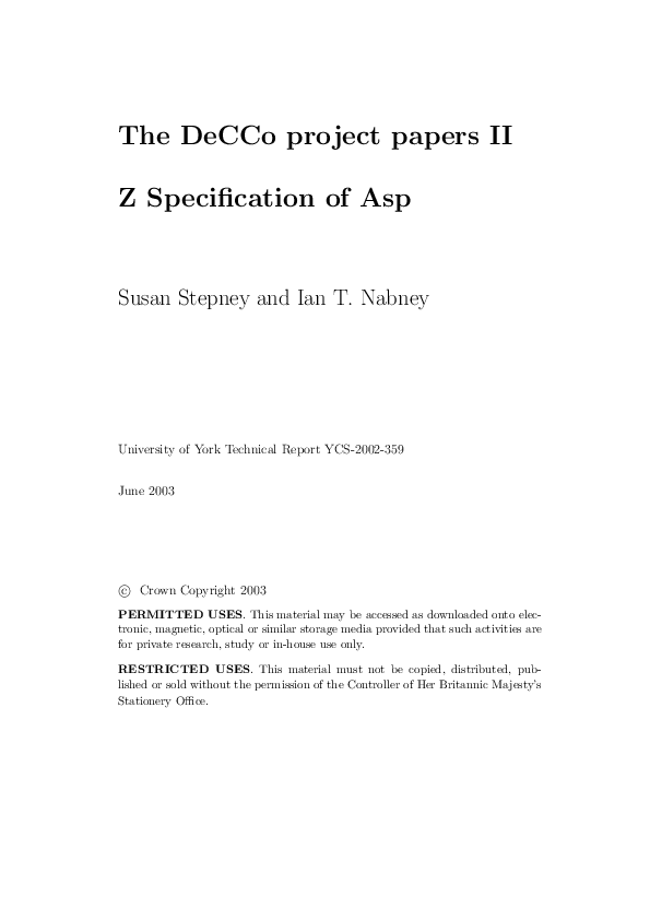 (PDF) The DeCCo project papers II Z Specification of Asp Susan Stepney ...
