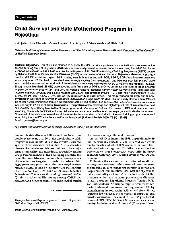 (PDF) Child survival and safe motherhood program in Rajasthan