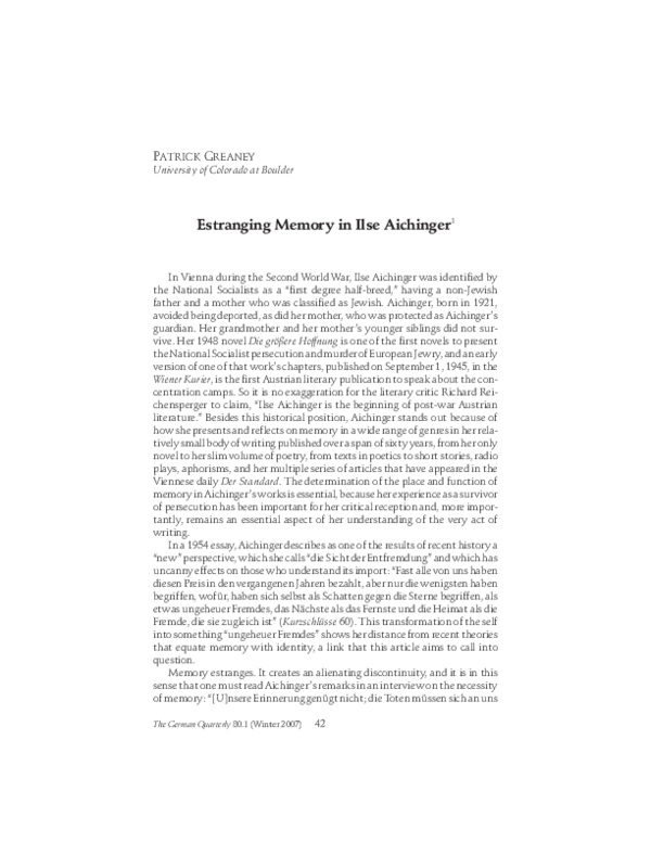 (PDF) Estranging Memory in Ilse Aichinger