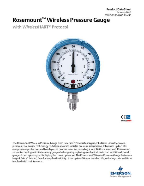 Rosemount WPG45XI5G11A000200 Wireless Pressure Gauge US Intrinsically Safe with WirelessHART Protocol 0 to 200 psig Rosemount WPG45XI5G11A000200 Wireless Pressure Gauge US Intrinsically Safe with WirelessHART Protocol 0 to 200 psig