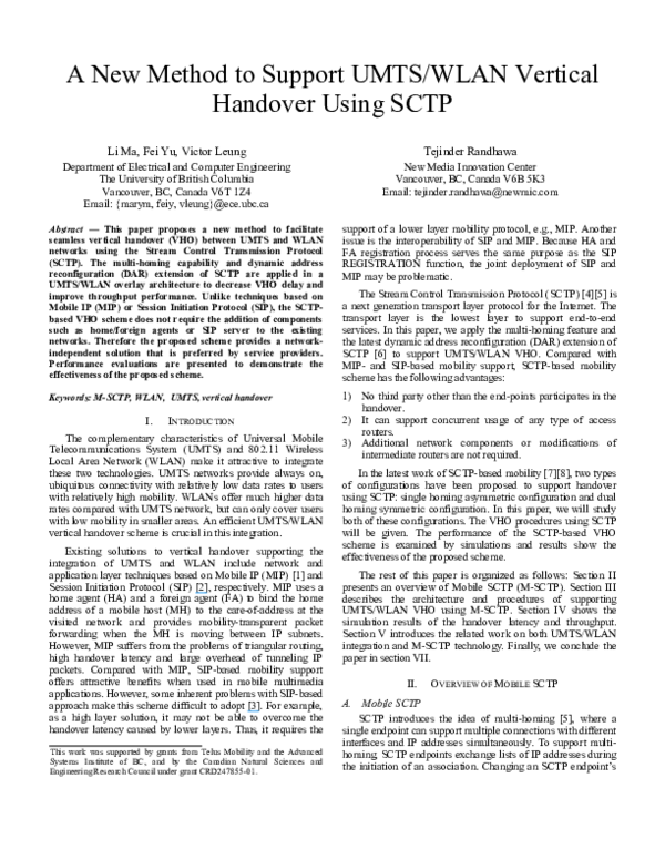 (PDF) A new method to support UMTS/WLAN vertical handover using SCTP