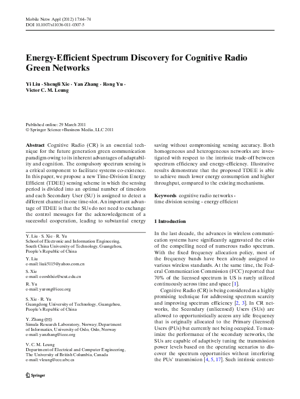 (PDF) Energy-Efficient Spectrum Discovery for Cognitive Radio Green ...