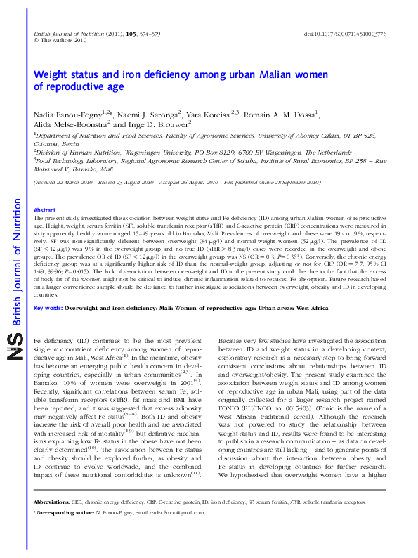 (PDF) Weight status and iron deficiency among urban Malian women of ...