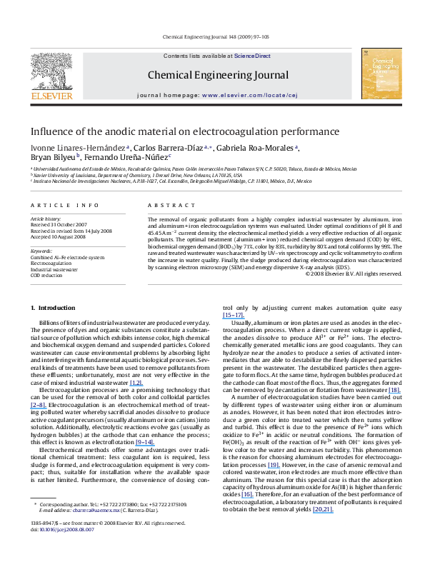 (PDF) Influence of the anodic material on electrocoagulation performance