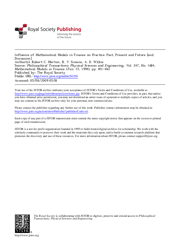 (PDF) Influence of Mathematical Models in Finance on Practice: Past ...