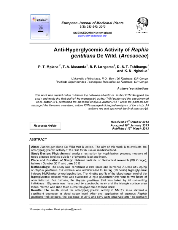 (PDF) Anti-Hyperglycemic Activity of Raphia gentiliana De Wild. (Arecaceae)
