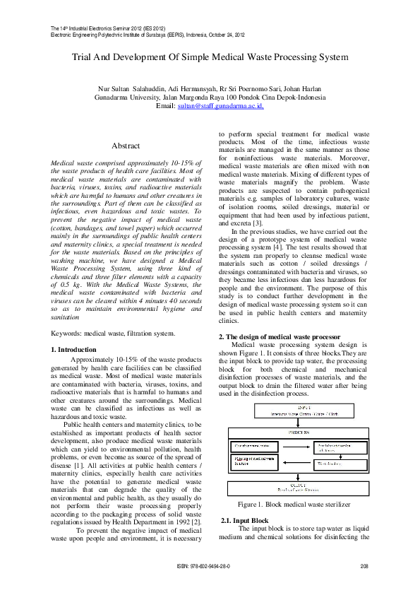 (PDF) Trial And Development Of Simple Medical Waste Processing System