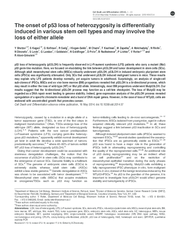 (PDF) The onset of p53 loss of heterozygosity is differentially induced ...