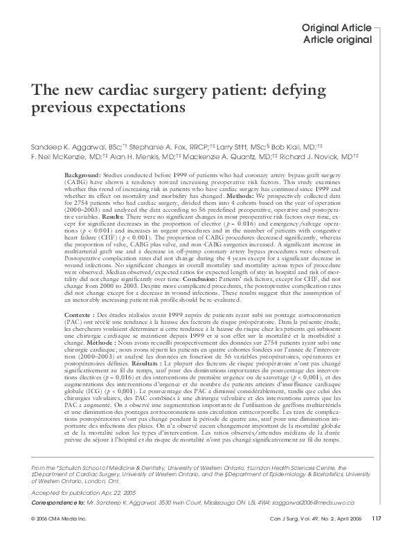 (PDF) The new cardiac surgery patient: defying previous expectations