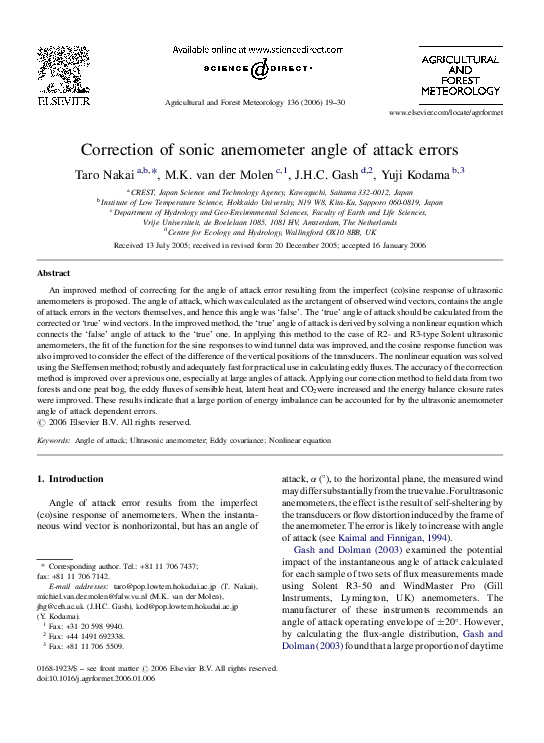 (PDF) Correction of sonic anemometer angle of attack errors Taro
