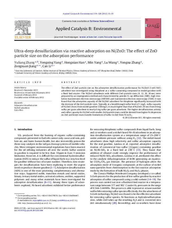 (PDF) Ultra-deep desulfurization via reactive adsorption on Ni/ZnO: The ...