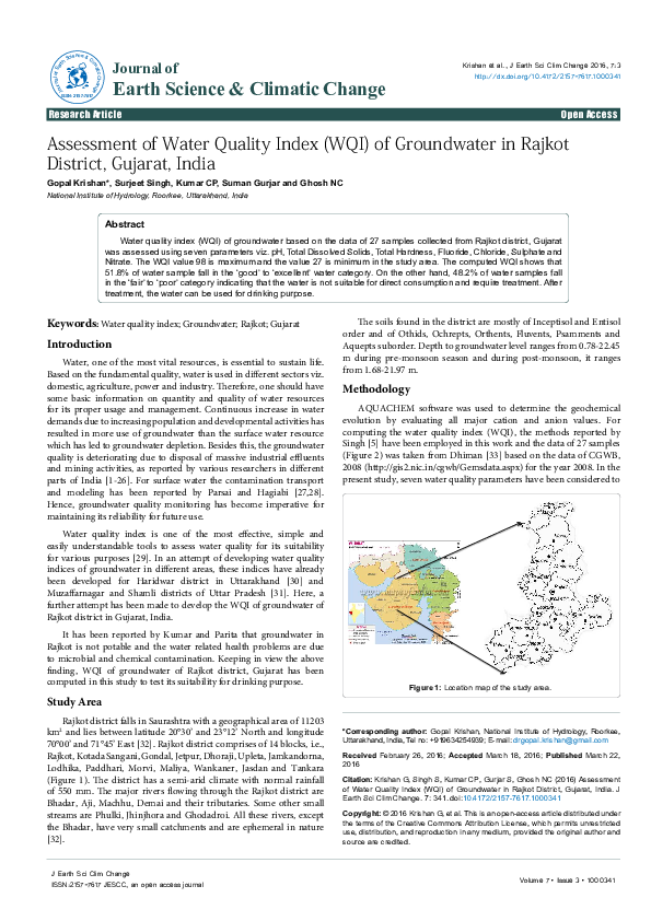 (PDF) Assessment of water quality index (WQI) of groundwater in Rajkot ...
