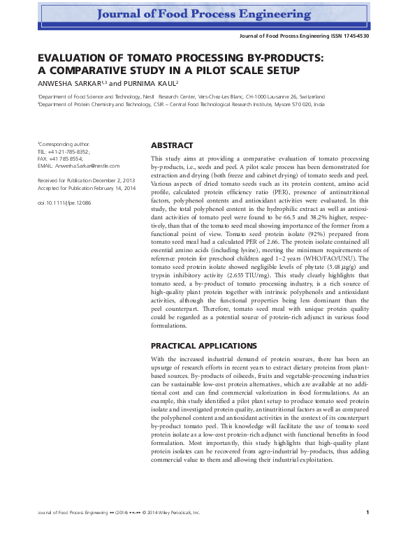 (PDF) EVALUATION OF TOMATO PROCESSING BY-PRODUCTS: A COMPARATIVE STUDY ...