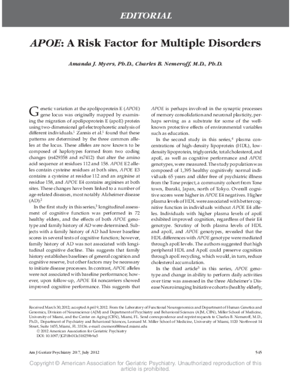 (PDF) APOE: a risk factor for multiple disorders