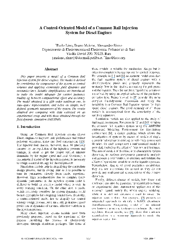 (PDF) A Control-Oriented Model of a Common Rail Injection System for ...