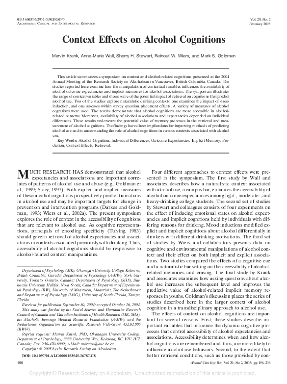 (PDF) Context Effects on Alcohol Cognitions
