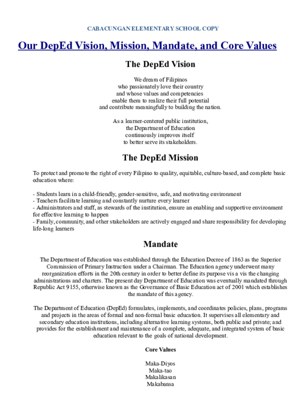 (DOC) CABACUNGAN ELEMENTARY SCHOOL COPY Our DepEd Vision, Mission