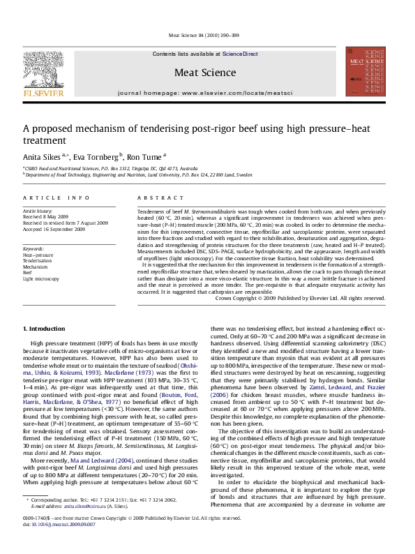 (PDF) A proposed mechanism of tenderising postrigor beef using high