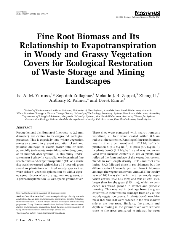 (PDF) Fine Root Biomass and Its Relationship to Evapotranspiration in