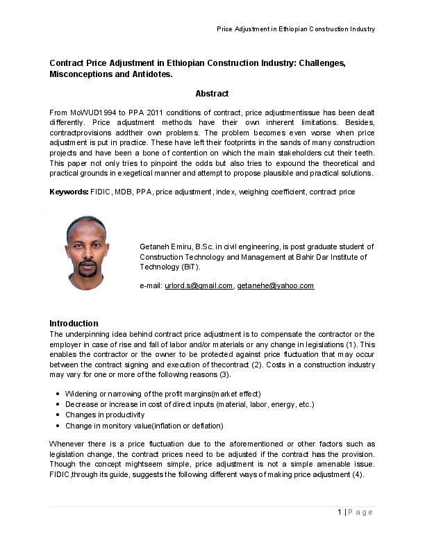 (PDF) Contract Price Adjustment in Ethiopian Construction Industry