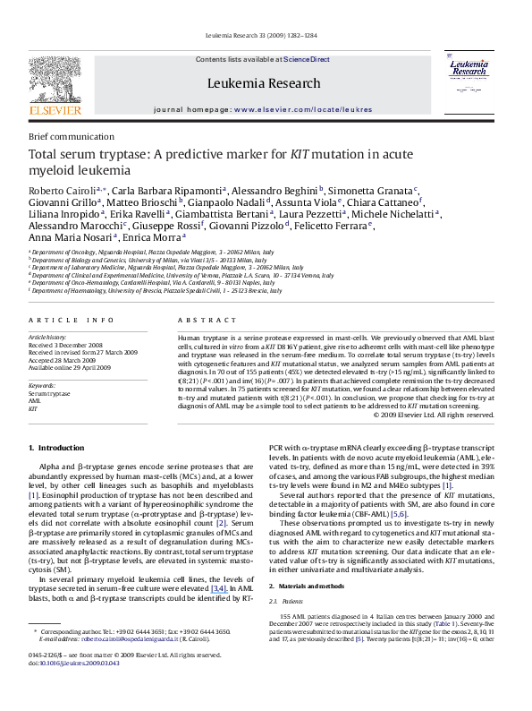 (PDF) Total serum tryptase: A predictive marker for KIT mutation in ...