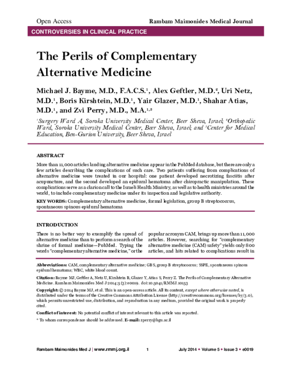 (PDF) The perils of complementary alternative medicine Zvi Perry