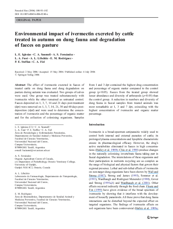 (PDF) Environmental impact of ivermectin excreted by cattle treated in ...