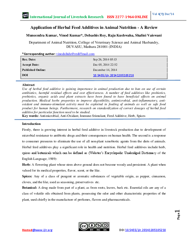 (PDF) Application of herbal feed additives in animal nutrition A