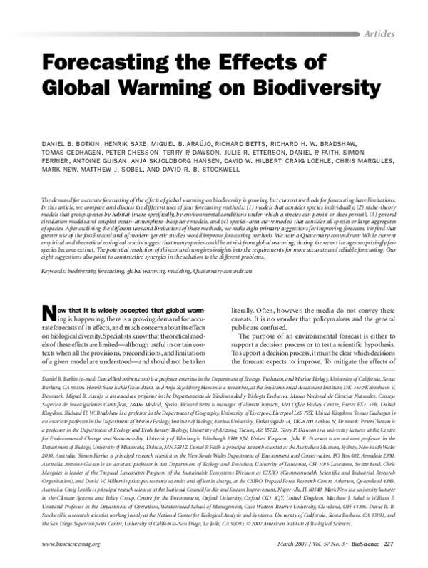 (PDF) Forecasting the Effects of Global Warming on Biodiversity