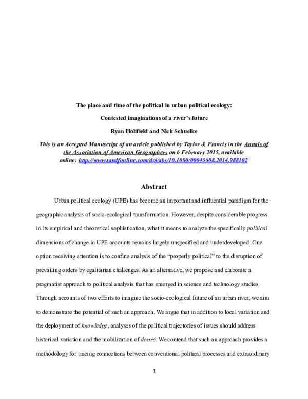 (DOC) The Place and Time of the Political in Urban Political Ecology ...