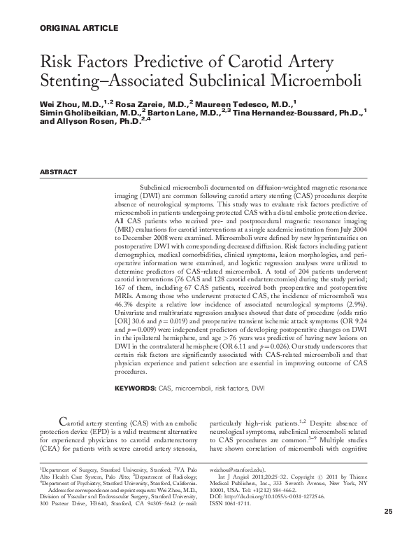 (PDF) Risk Factors Predictive of Carotid Artery Stenting–Associated ...