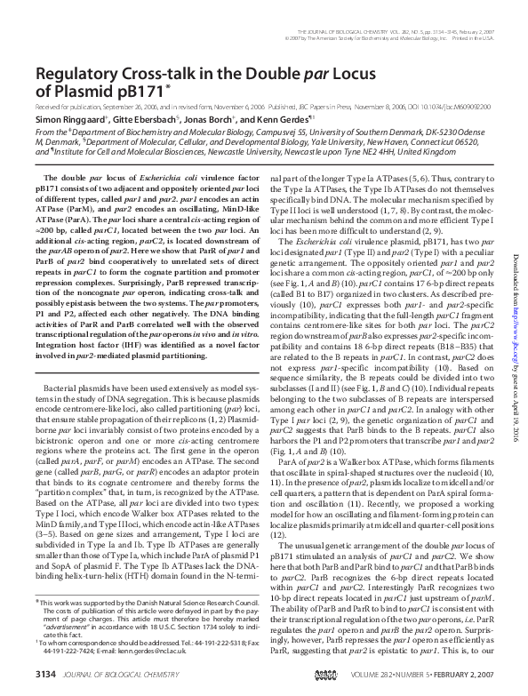 (PDF) Regulatory Cross-talk in the Double par Locus of Plasmid pB171