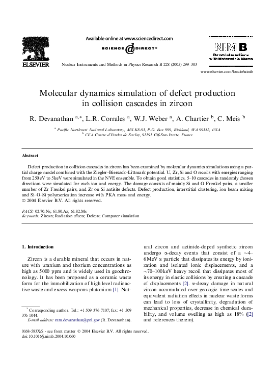 (PDF) Molecular dynamics simulation of defect production in collision ...