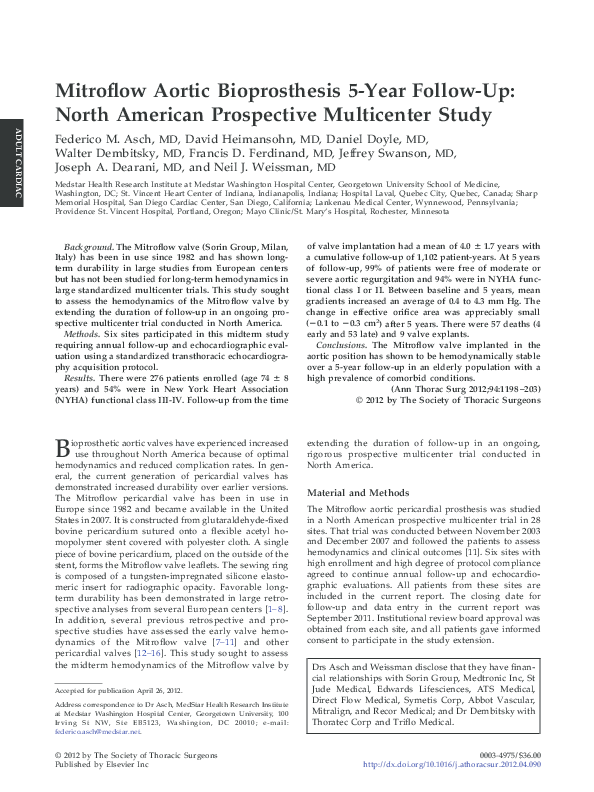 (PDF) Mitroflow Aortic Bioprosthesis 5-Year Follow-Up: North American ...