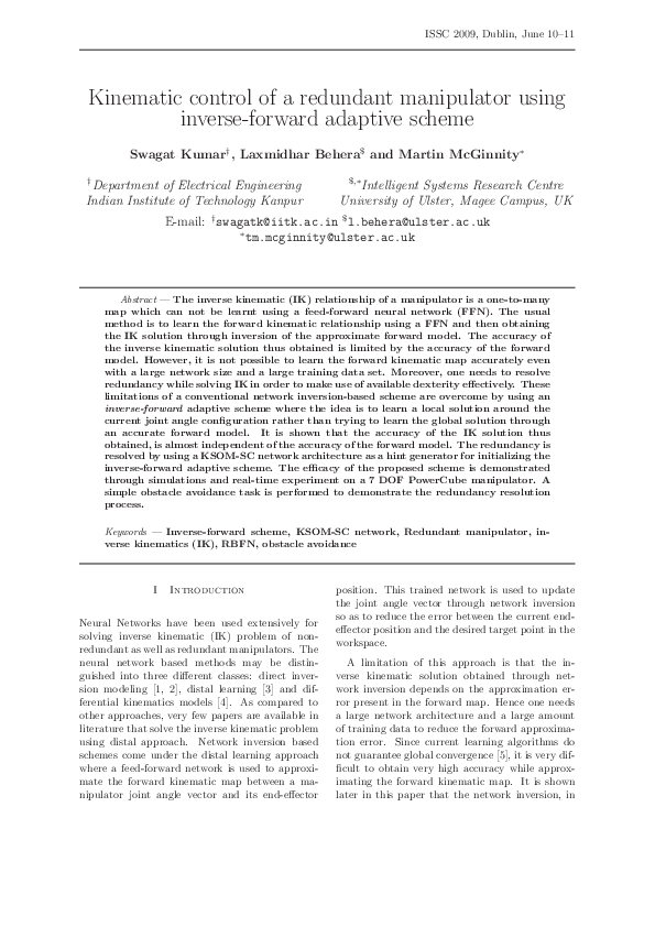 (PDF) Kinematic control of a redundant manipulator using an inverse ...