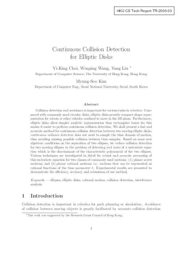 (PDF) Continuous Collision Detection for Two Moving Elliptic Disks