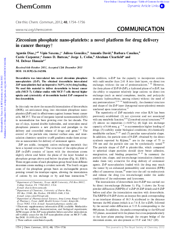 (PDF) Zirconium phosphate nanoplatelets a novel platform for drug delivery in cancer therapy