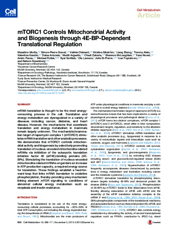 (PDF) mTORC1 Controls Mitochondrial Activity and Biogenesis through 4E ...