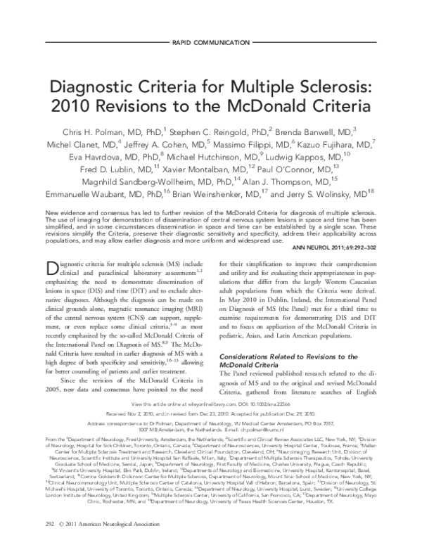 (PDF) Diagnostic criteria for multiple sclerosis 2005 revisions to the