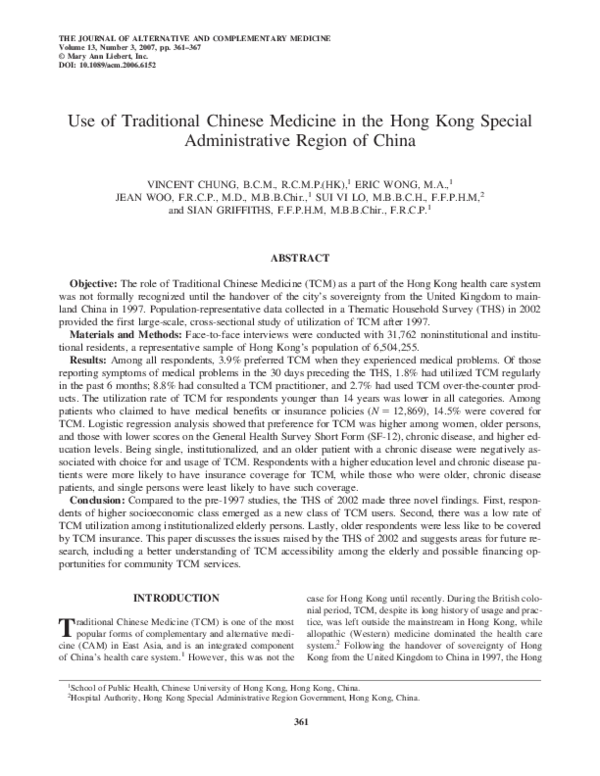 (PDF) Use of Traditional Chinese Medicine in the Hong Kong Special ...