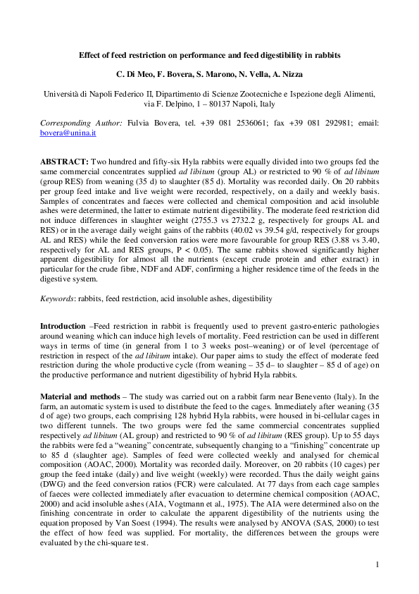 (PDF) Effect of feed restriction on performance and feed digestibility ...