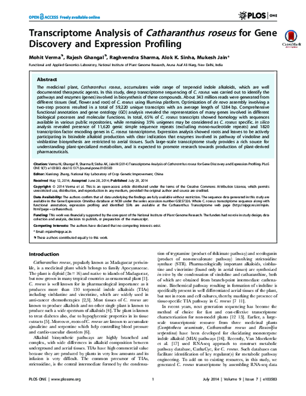 (PDF) Transcriptome Analysis of Catharanthus roseus for Gene Discovery ...