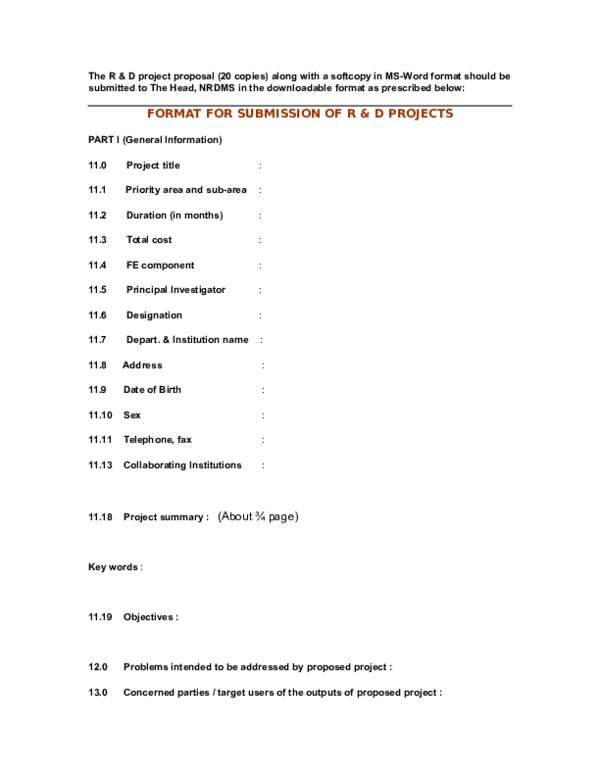 (DOC) FORMAT FOR SUBMISSION OF R & D PROJECTS
