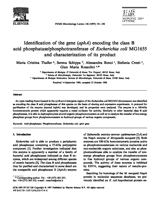 (PDF) Identification of the gene (aphA) encoding the class B acid ...