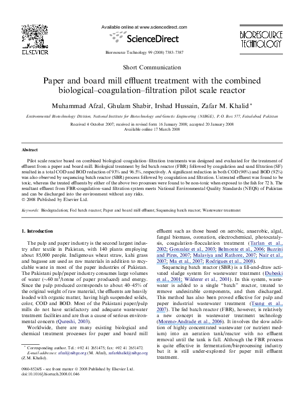 (PDF) Paper and board mill effluent treatment with the combined ...