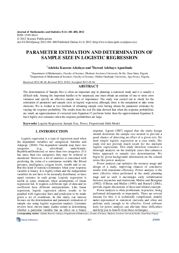 (PDF) PARAMETER ESTIMATION AND DETERMINATION OF SAMPLE SIZE IN LOGISTIC ...