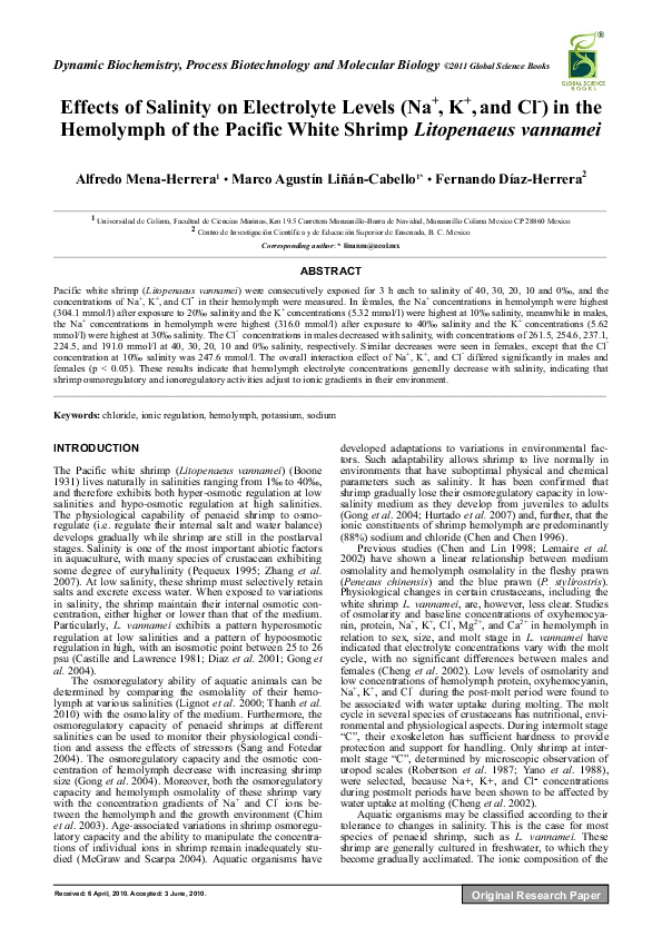 (PDF) Effects of Salinity on Electrolyte Levels (Na + , K + , and Cl ...