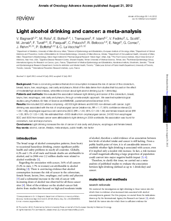 (PDF) Light alcohol drinking and cancer a metaanalysis Matteo Rota