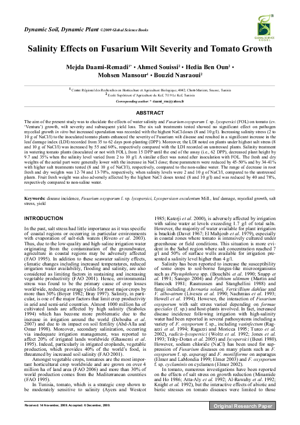 (PDF) Salinity Effects on Fusarium Wilt Severity and Tomato Growth