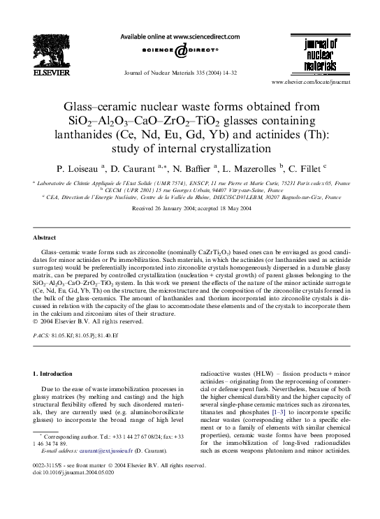 (PDF) Glass–ceramic nuclear waste forms obtained from SiO2–Al2O3–CaO ...
